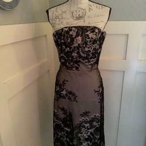 White House/Black Market Strapless Black Lace Dress With Nude Underlay Sz 0
